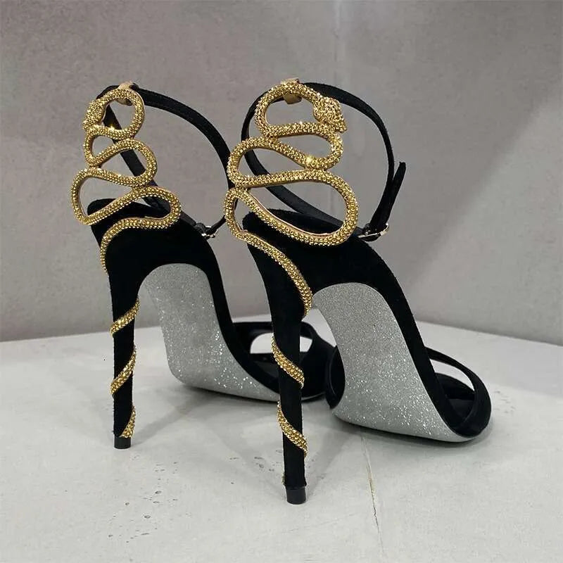 Serpentine Wrapped Black Stiletto Heels  Summer New Sexy Socialite Open Round Toe Sandals Women Kq8