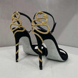 Serpentine Wrapped Black Stiletto Heels  Summer New Sexy Socialite Open Round Toe Sandals Women Kq8