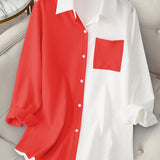 Plus Size Colorblock Collared Shirt, Casual Long Sleeve Button Front Shirt, Women's Plus Size Clothing