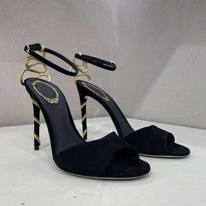 Serpentine Wrapped Black Stiletto Heels  Summer New Sexy Socialite Open Round Toe Sandals Women Kq8