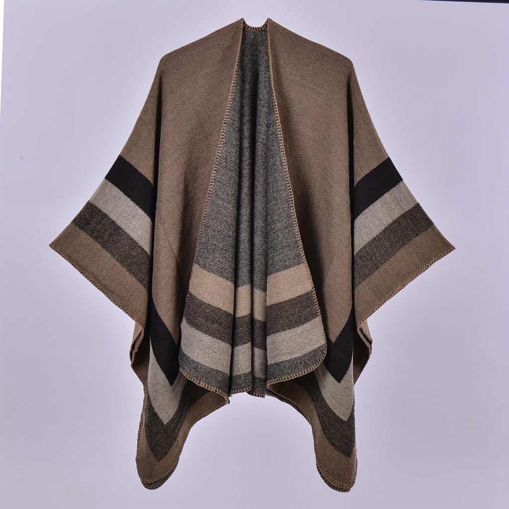 Stripe Jacquard Large Shawl Vintage Imitation Cashmere Warm Cape Scarf Blanket Wraps Reversible Windproof Cardigan