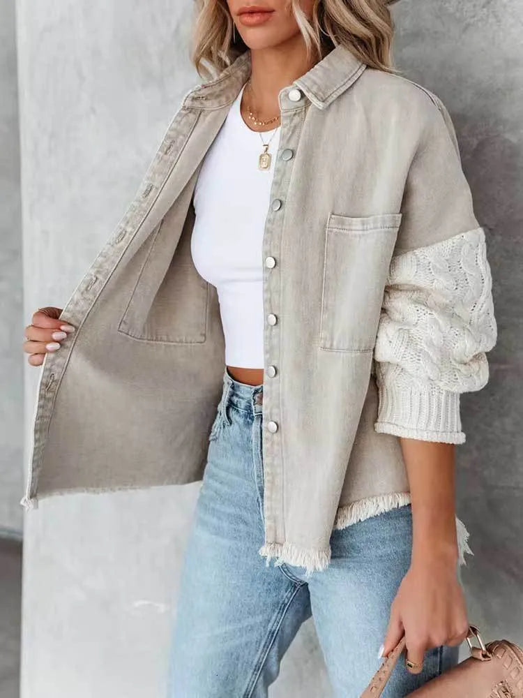 Women's Jackets Boho Inspired Cable Knit Sleeve Denim Jacket Button Up long sleeve Jean Jacket Coat women autumn winter Shackets women 230515