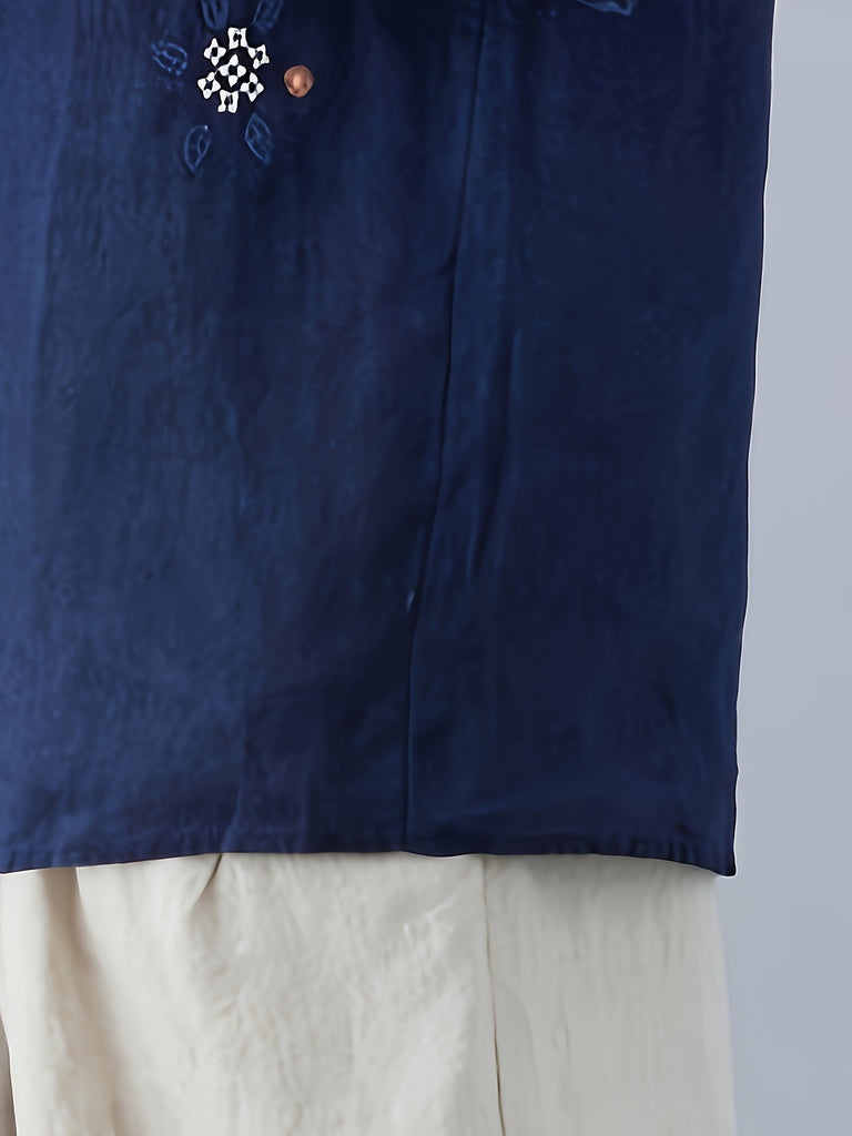 Plus Size Elegant Floral Embroidery Crew Neck Short Sleeve Blouse - Soft Slight Stretch Polyester Fabric, Weekend Casual Summer Shirting for Oversized Women - Positioning Printing, Placket Closure, and Woven Weaving Method