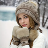 Winter Knit Beanie and Fingerless Gloves Set for Women, 100% Polyester Furry Hat with Ear Warmer - Elastic Yarn-Dyed Knitted Cap and Gloves Combo, Fashionable Cold Weather Accessories