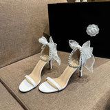 Summer New Round Head Sandals Pearl One Line Buckle White Bow High Heels Fairy Wind Female Wedding Shoes Kq8