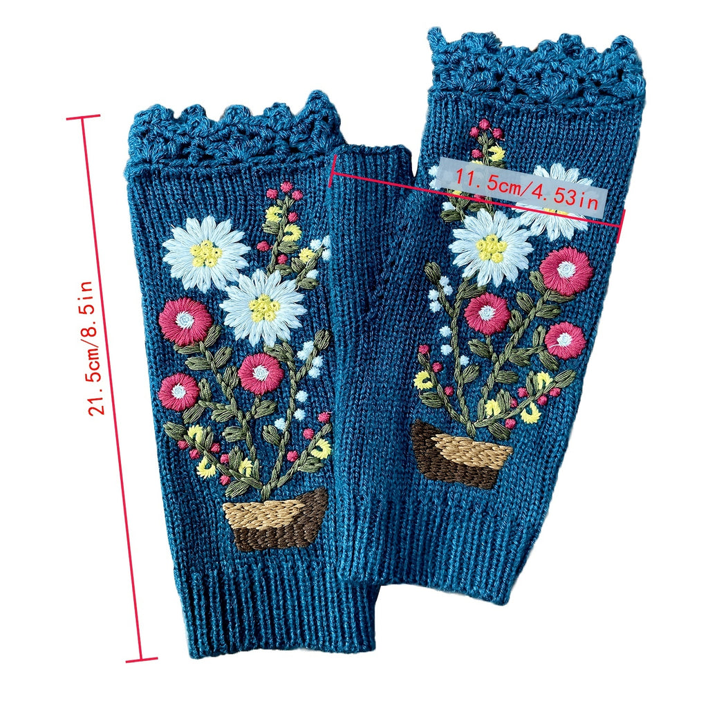 Winter Warmth Fingerless Tribal Embroidered Gloves - Soft Acrylic Knit, Fleece Lined, Elastic, and Hook Up Design for Going Out - Handcrafted with Love