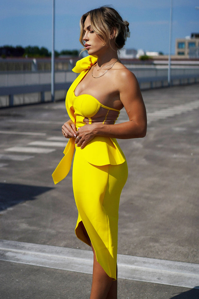 goosudu One Shoulder Bandage Cocktail Midi Dress