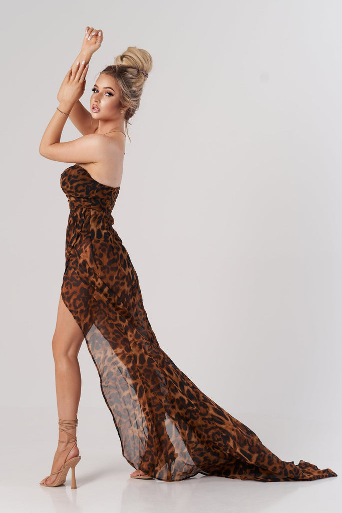 goosudu Leopard High Slit Mesh Maxi Dress