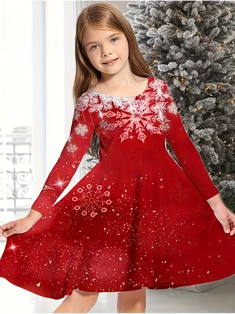 Girls' Festive Snowflake Christmas Dress - Knee-Length, Long Sleeve, Crew Neck with Embroidered Details - Perfect for Holiday Parties & Gifts, Ages 2-13