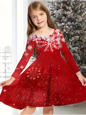 Girls' Festive Snowflake Christmas Dress - Knee-Length, Long Sleeve, Crew Neck with Embroidered Details - Perfect for Holiday Parties & Gifts, Ages 2-13