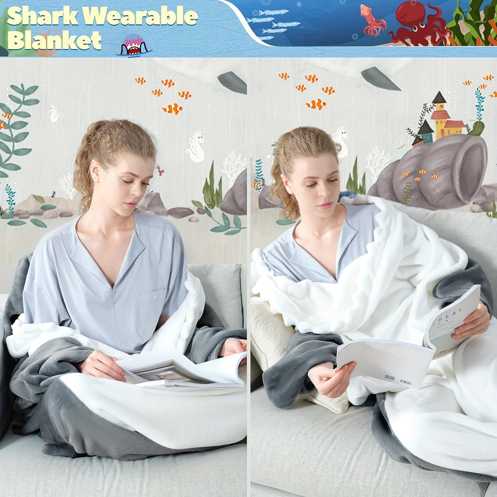 Touchat Super Soft Shark Blanket Hoodie - Cozy Flannel Wearable Throw with Cartoon Animals Design, Perfect for Sleeping, Cosplay, and Shark Lovers Gift - Unique Shark Costume Blanket for Adults