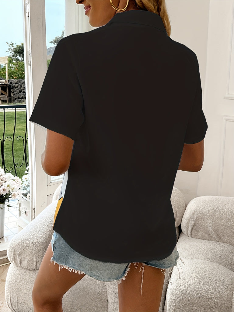 Trendy Figure Print Blouse - Eye-Catching Button Front, Short Sleeves for Spring & Summer Style - Casual Womens Clothing