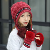 Winter Knit Beanie and Fingerless Gloves Set for Women, 100% Polyester Furry Hat with Ear Warmer - Elastic Yarn-Dyed Knitted Cap and Gloves Combo, Fashionable Cold Weather Accessories