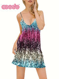 Vibrant Sequined Color Block Cami Dress - Sleeveless V-Neck Mini Party Dress with Cross Back Detail - Polyester Knit Fabric, No Elasticity, Solid Color, Sexy and Chic for Womens Night Out