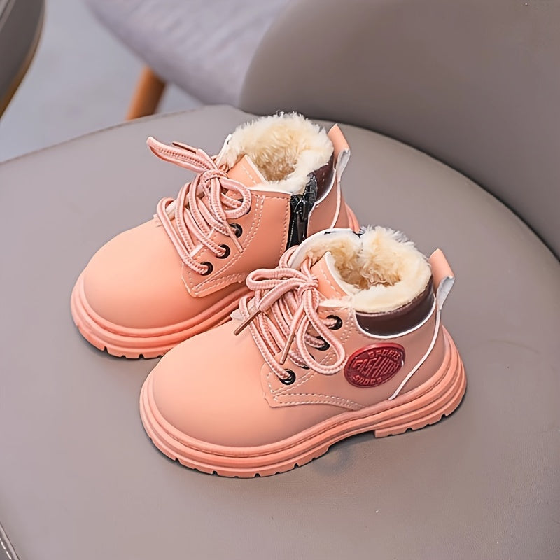 Trendy Cool Solid Color Plus Fleece Boots For Baby Boys Girls, Non-slip Warm Boots For Autumn And Winter