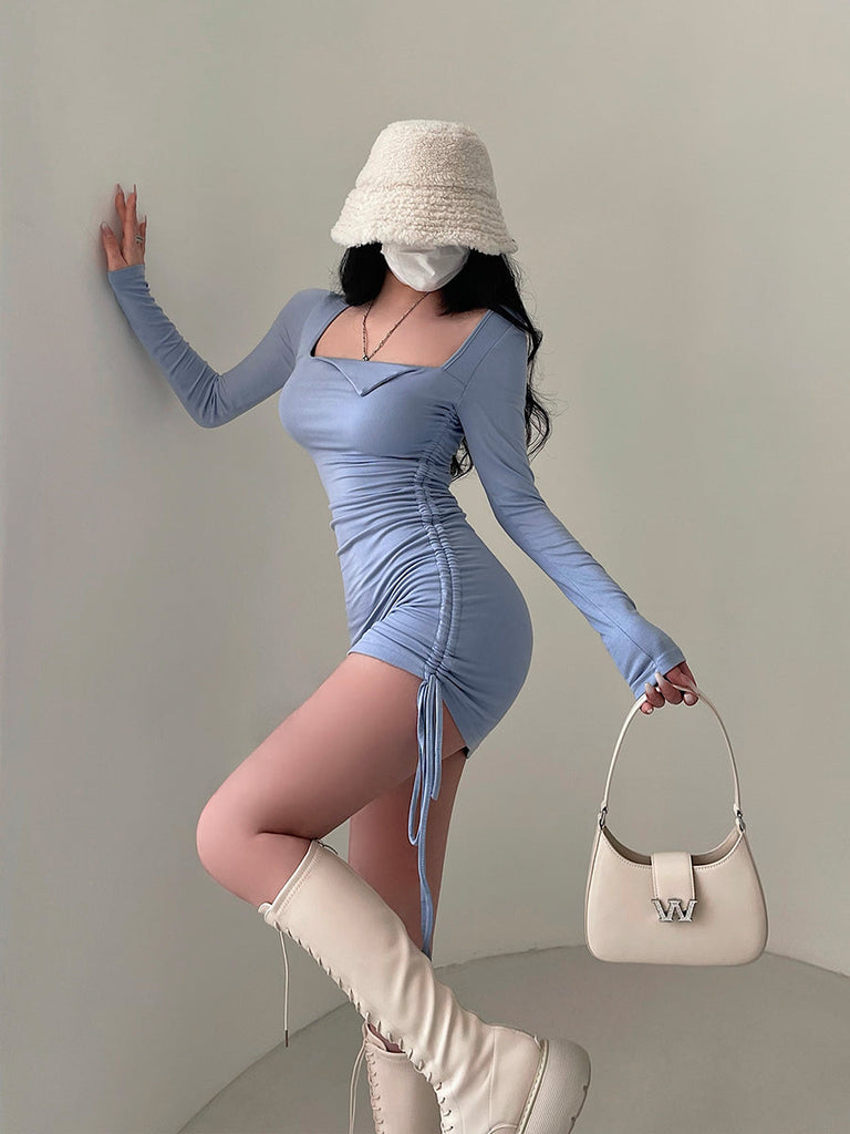 goosudu Mai Solid Color Long Sleeve Square Neck Lapel Drawstring Pleated Slim Mini Dress
