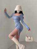 goosudu Mai Solid Color Long Sleeve Square Neck Lapel Drawstring Pleated Slim Mini Dress