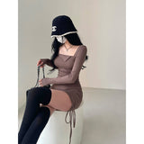 goosudu Mai Solid Color Long Sleeve Square Neck Lapel Drawstring Pleated Slim Mini Dress
