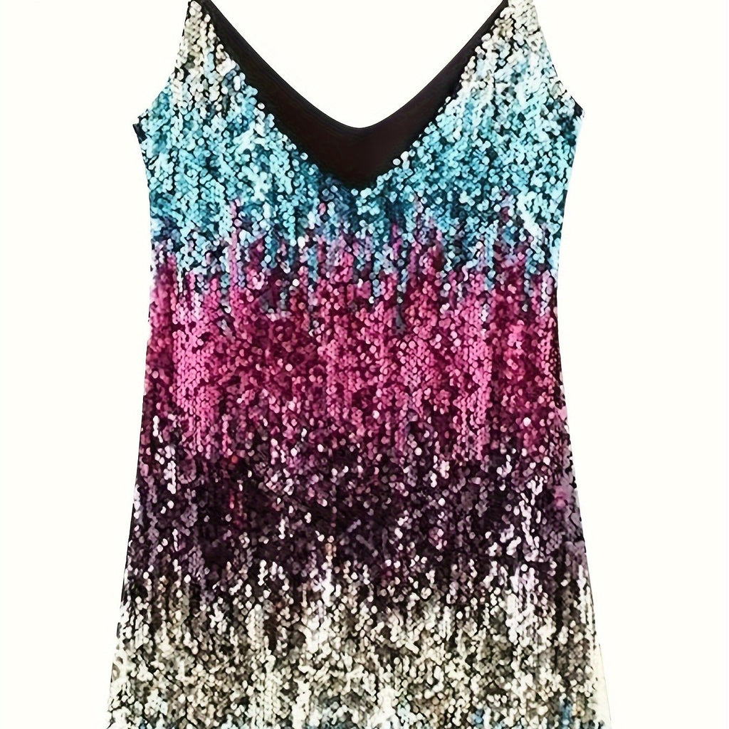 Vibrant Sequined Color Block Cami Dress - Sleeveless V-Neck Mini Party Dress with Cross Back Detail - Polyester Knit Fabric, No Elasticity, Solid Color, Sexy and Chic for Womens Night Out