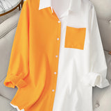 Plus Size Colorblock Collared Shirt, Casual Long Sleeve Button Front Shirt, Women's Plus Size Clothing