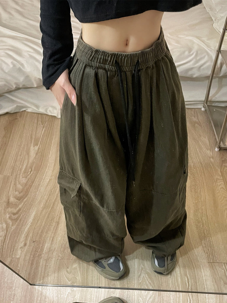 goosudu Shawn Solid Color Retro High Waist Straight Wide Leg Multi-Pocket Loose Casual Pants