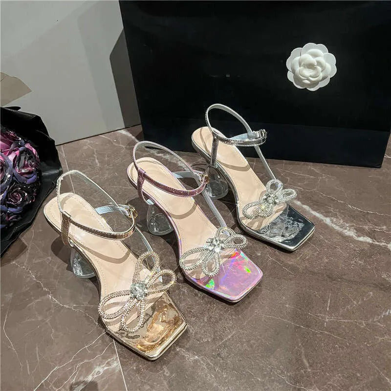 Summer New Rhinestone Bow Square Head One-Line Buckle High Heel Crystal Sandals Women Kq8