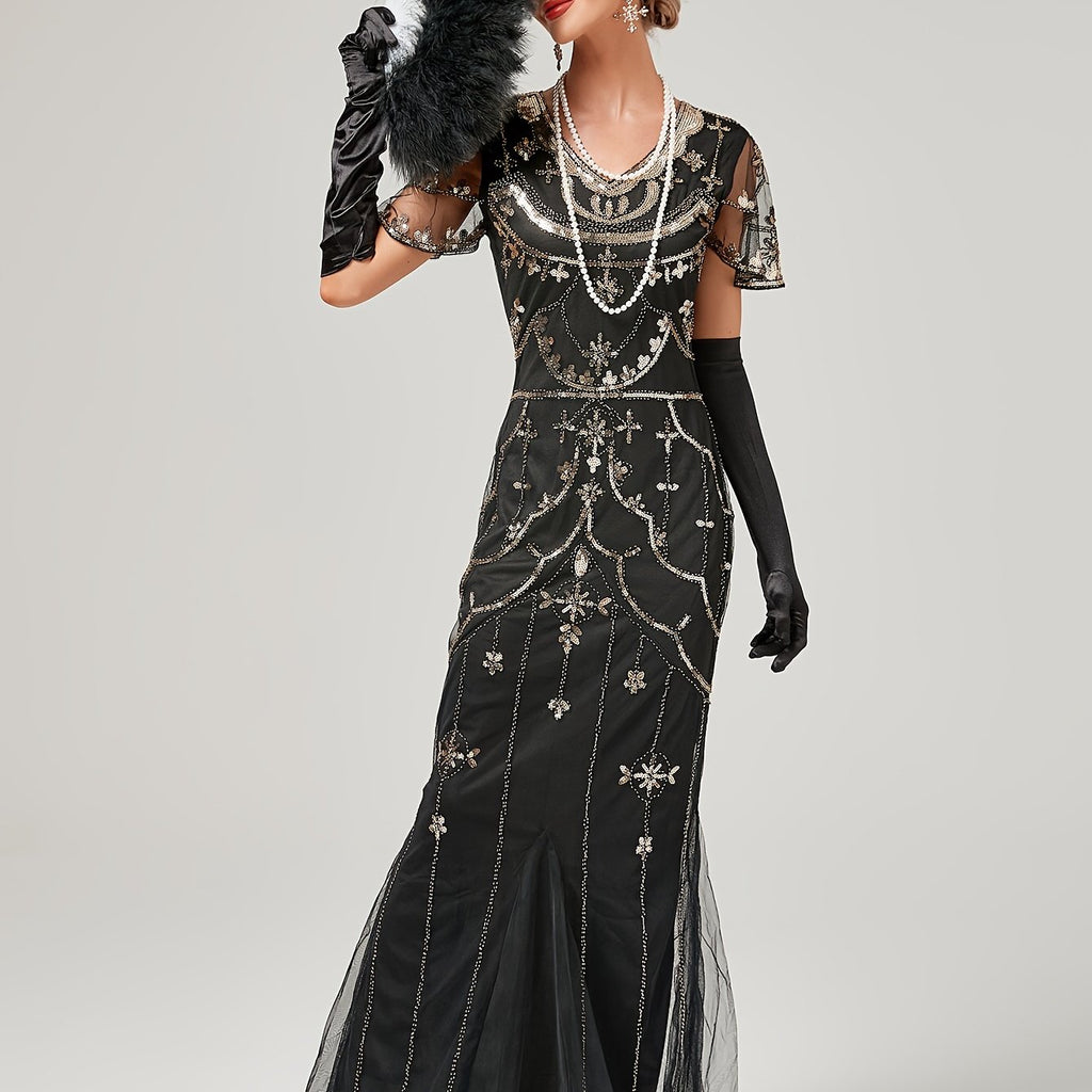 Vintage Long Length Embroidered Wedding Dress - Stunning Sequin Crew Neck Fitted Gown for Women - Polyester, No Elasticity, Woven, Perfect for Party, Banquet, Engagement, Ceremony and Special Occasions