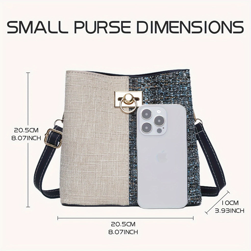 Stylish PU Leather Crossbody Bucket Bag - Adjustable Shoulder Strap, Multiple Pockets, Geometric Pattern, Polyester Lining, Buckle Closure, Edge Painted - Perfect for Womens Occasional Use