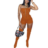 Goosudu Stretch Denim Strapless Lace Up Romper