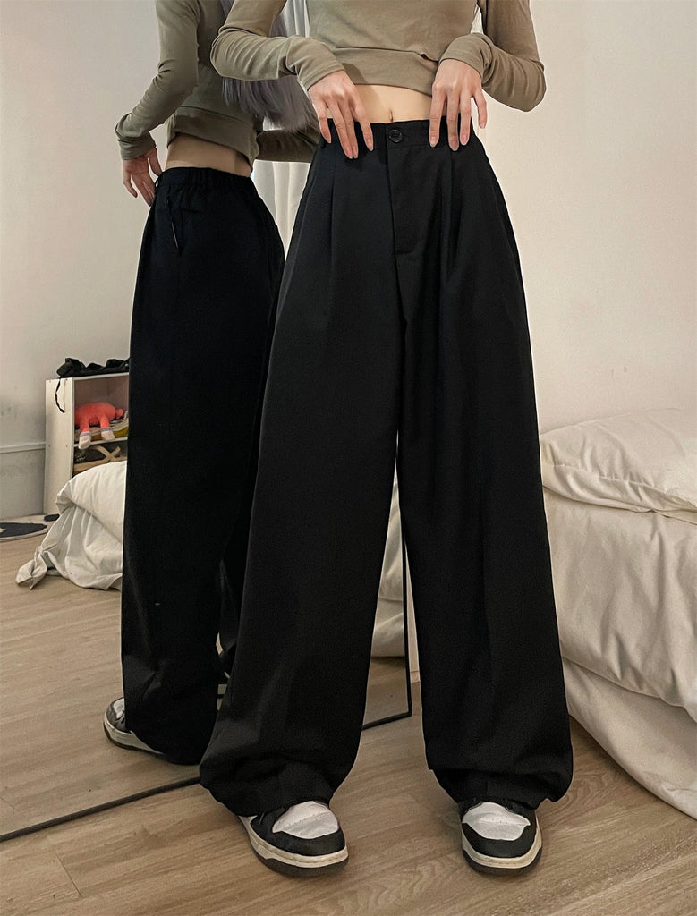 goosudu Shelly Solid Color Retro Drape High Waist Straight Loose Casual Suit Pants