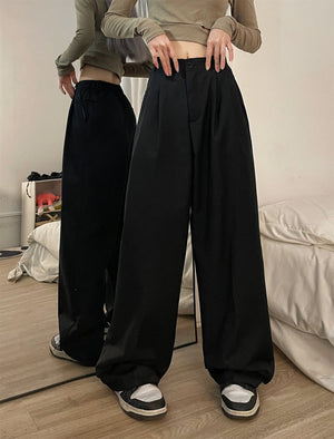 goosudu Shelly Solid Color Retro Drape High Waist Straight Loose Casual Suit Pants