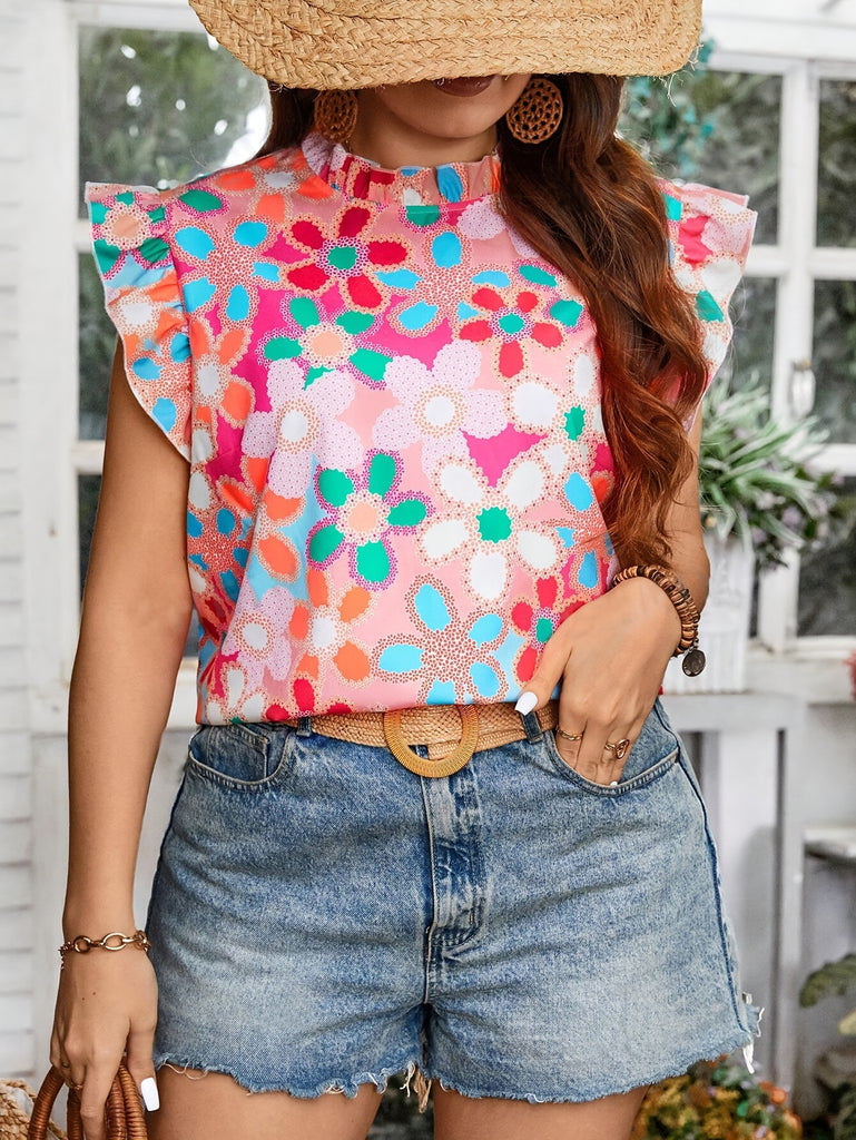 Plus Size Elegant Floral Print High Neck Shirting Blouse - Non-Stretch Polyester Fabric, Casual Flutter Sleeve, Random Printing, Perfect for Summer - Womens Comfortable and Stylish Clothing for Spring and Summer Seasons