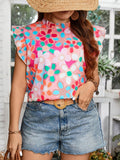 Plus Size Elegant Floral Print High Neck Shirting Blouse - Non-Stretch Polyester Fabric, Casual Flutter Sleeve, Random Printing, Perfect for Summer - Womens Comfortable and Stylish Clothing for Spring and Summer Seasons