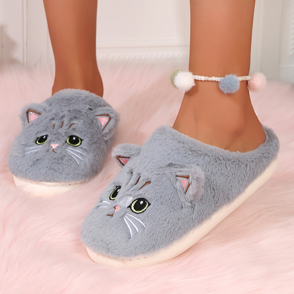 Cute Cartoon Cat Fuzzy Slippers, Creative Closed Toe Soft Sole Plush Flat Shoes, Winter Warm Home Slippers
