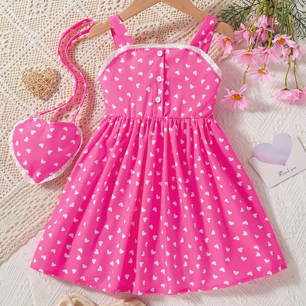 Toddler Girls Heart Graphic Lace Trim Button Pocket Princess Cami Dress With Bag For Party Kids Summer Clothes