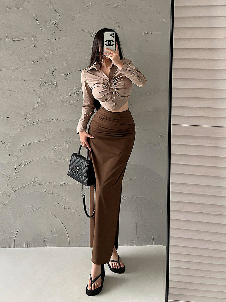 goosudu Michelle Solid Color Button Up Ruched Long Sleeve Office Shirt Long Sleeve Top