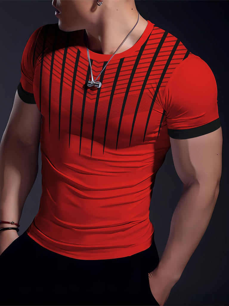 Men's Quick-Dry Athletic T-Shirt - Geometric Print, High Stretch, Crew Neck, Short Sleeve - Perfect for Gym, Running & Training - Breathable Polyester Blend