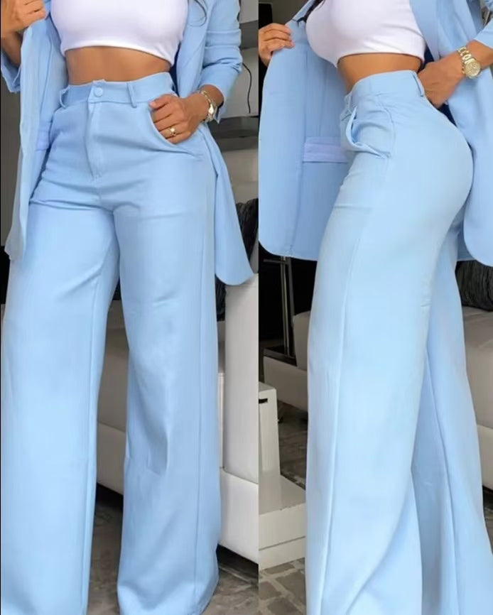 Goosudu Casual Solid Patchwork Pocket Buckle Buttons O Neck Long Sleeve Two Pieces