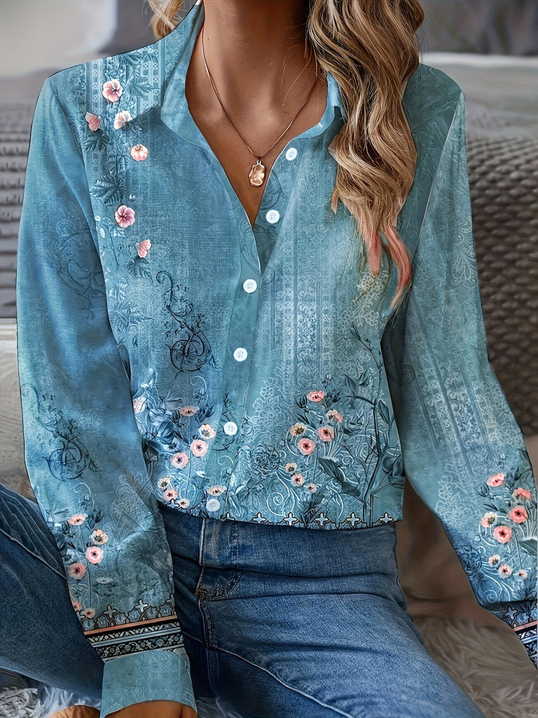 Plus Size Floral Print Shirt - Relaxed Fit Casual Style with Long Flowing Sleeves and Classic Button Front - Designed for Curvy Women, Plus Size Range for a Flattering Fit