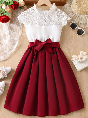 Girls Summer Peplum Dress - Contrast Mesh, Non-Stretch Polyester, Regular Fit, Machine Washable, Solid Color, Casual Style - Perfect for Outdoor Party and Holiday Gift