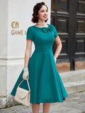 Vintage Elegance & Charm: Crew Neck Bow-Front Flared A-line Midi Dress by MUXXN for Spring/Summer