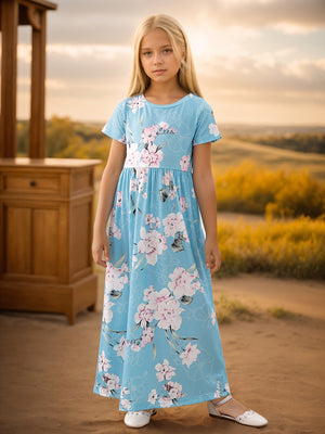 Girls Elegant Flowy Flower Print Dress - Stylish & Comfortable for Summer Holidays - Long, Loose & Short Sleeve