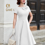 Vintage Elegance & Charm: Crew Neck Bow-Front Flared A-line Midi Dress by MUXXN for Spring/Summer