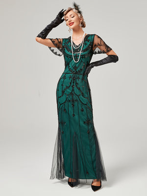 Vintage Long Length Embroidered Wedding Dress - Stunning Sequin Crew Neck Fitted Gown for Women - Polyester, No Elasticity, Woven, Perfect for Party, Banquet, Engagement, Ceremony and Special Occasions
