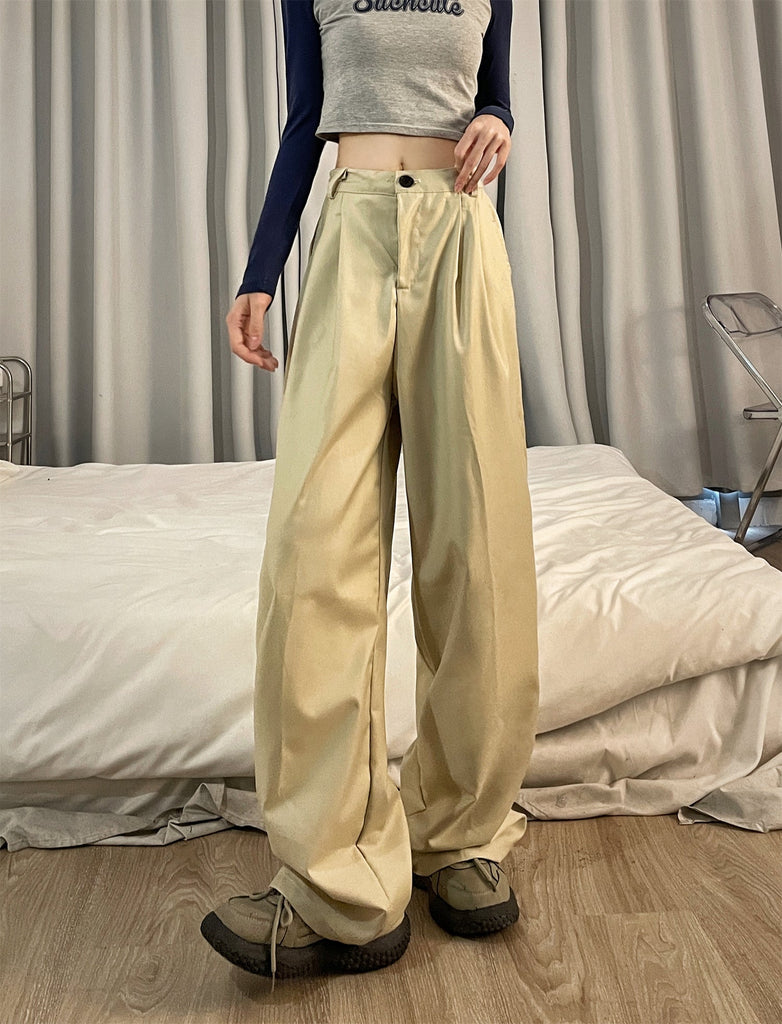 goosudu Shelly Solid Color Retro Drape High Waist Straight Loose Casual Suit Pants