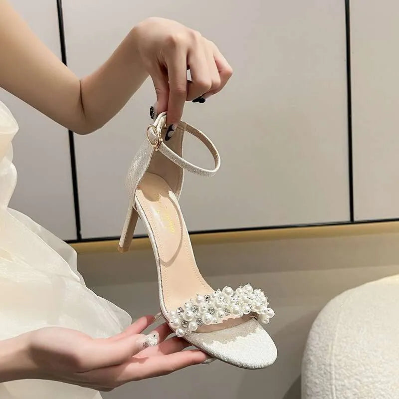 Summer New French Sandals Thin Heel Round Head Open Toe Fashion Korean Version Pearl White High Heels Kq8