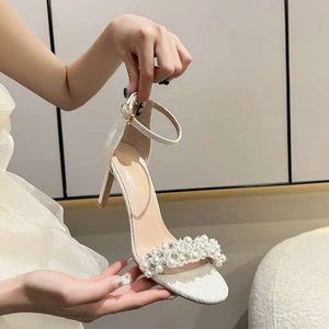 Summer New French Sandals Thin Heel Round Head Open Toe Fashion Korean Version Pearl White High Heels Kq8