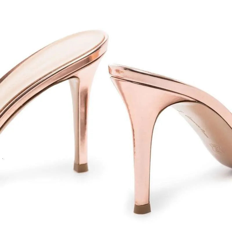 New High-Heeled Women's Stiletto Party Slippers Sexy Comfortable Champagne Gold Embroidered Slides Kq8