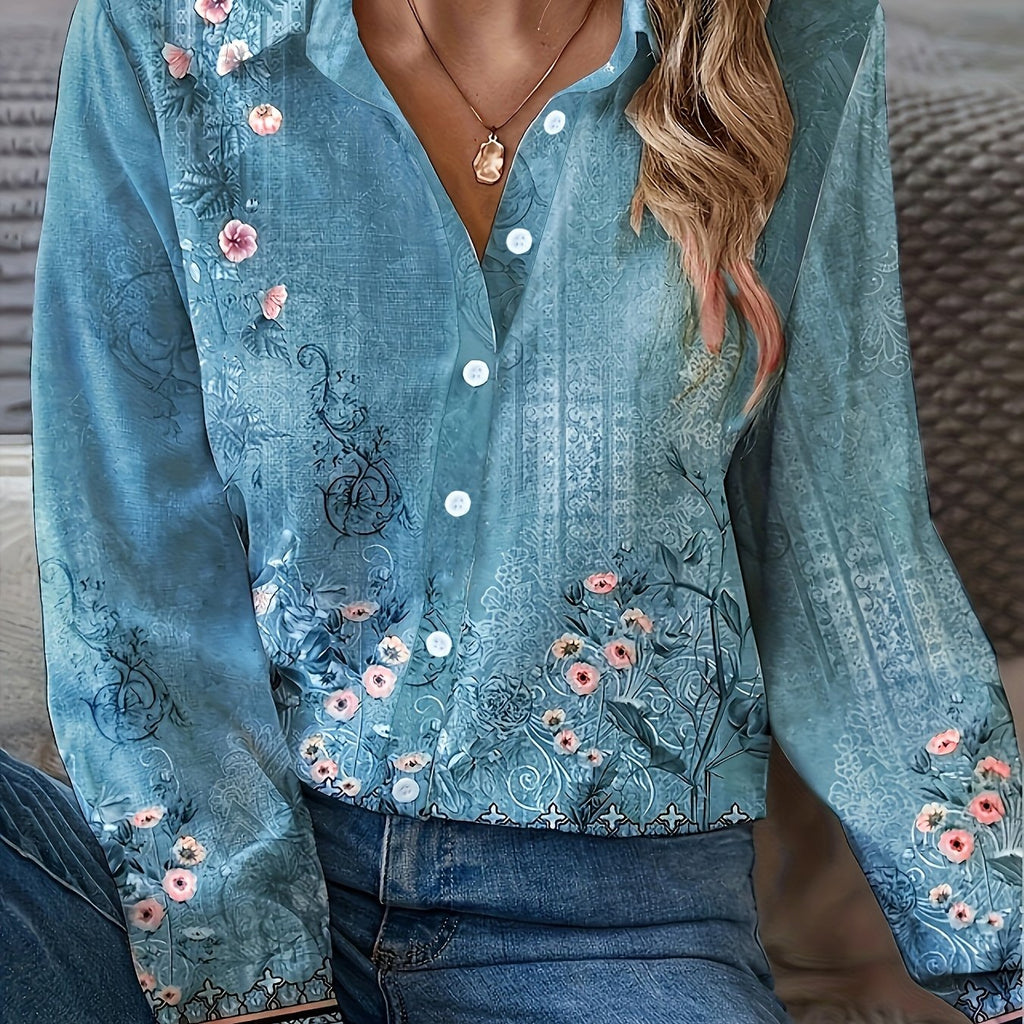 Plus Size Floral Print Shirt - Relaxed Fit Casual Style with Long Flowing Sleeves and Classic Button Front - Designed for Curvy Women, Plus Size Range for a Flattering Fit