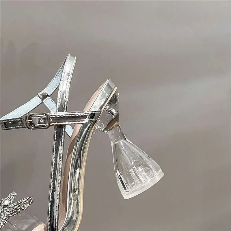 Summer New Rhinestone Bow Square Head One-Line Buckle High Heel Crystal Sandals Women Kq8